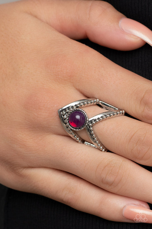 Axial Angle - Purple Glassy Bead & Arching Silver Bar Paparazzi Ring