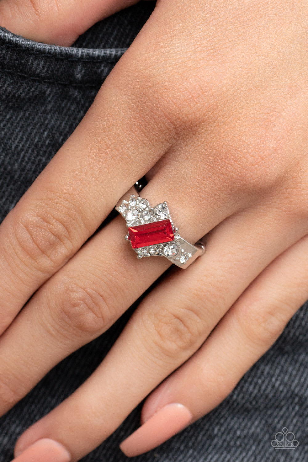 Tip the Balance - Red Emerald-Cut Rhinestone & Asymmetrical Silver Frame Dotted in White Rhinestone Paparazzi Ring