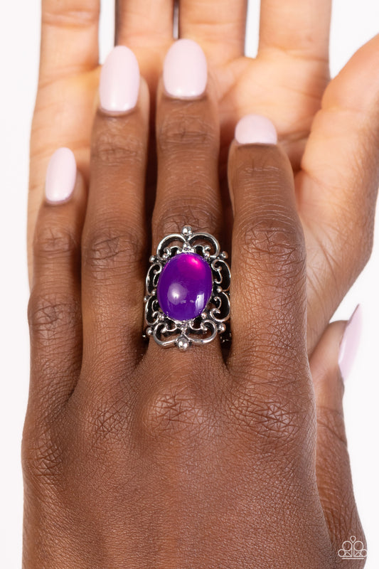 Happily EVERGLADE After - Purple Glassy Bead & Silver Vine-Like Filigree Paparazzi Ring