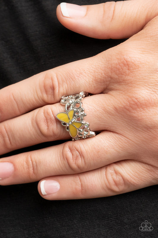 All FLUTTERED Up - Yellow Butterfly, White Rhinestones, & Iridescent Rhinestone Paparazzi Ring