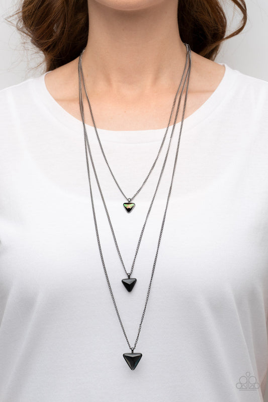 Follow the LUSTER - Gunmetal Chain/Iridescent, Black, Smoky Triangular Gem Pendant Paparazzi Necklace & matching earrings