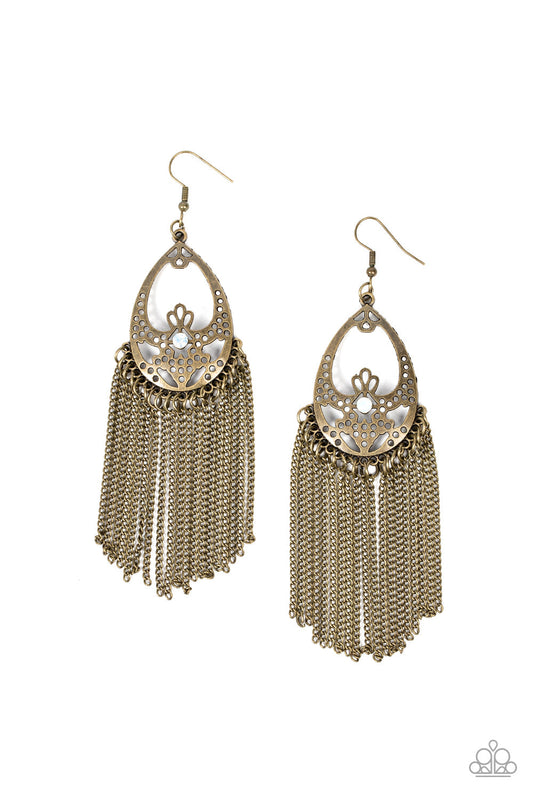 Castle Cottage - Brass Chain Tassel & Airy Stenciled Brass Oval Frame Paparazzi Earrings