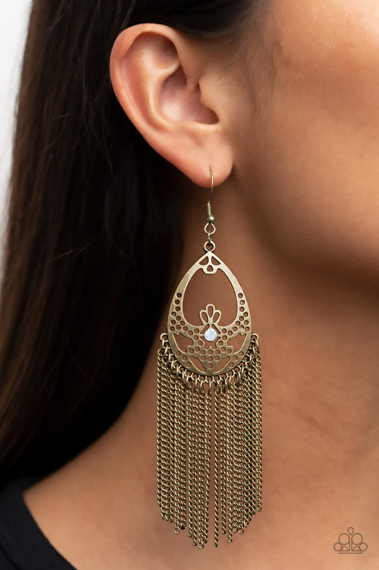 Castle Cottage - Brass Chain Tassel & Airy Stenciled Brass Oval Frame Paparazzi Earrings