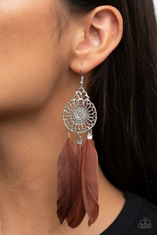 Pretty in PLUMES - Brown Feathers & Filigree Detail Silver Frame Paparazzi Earrings