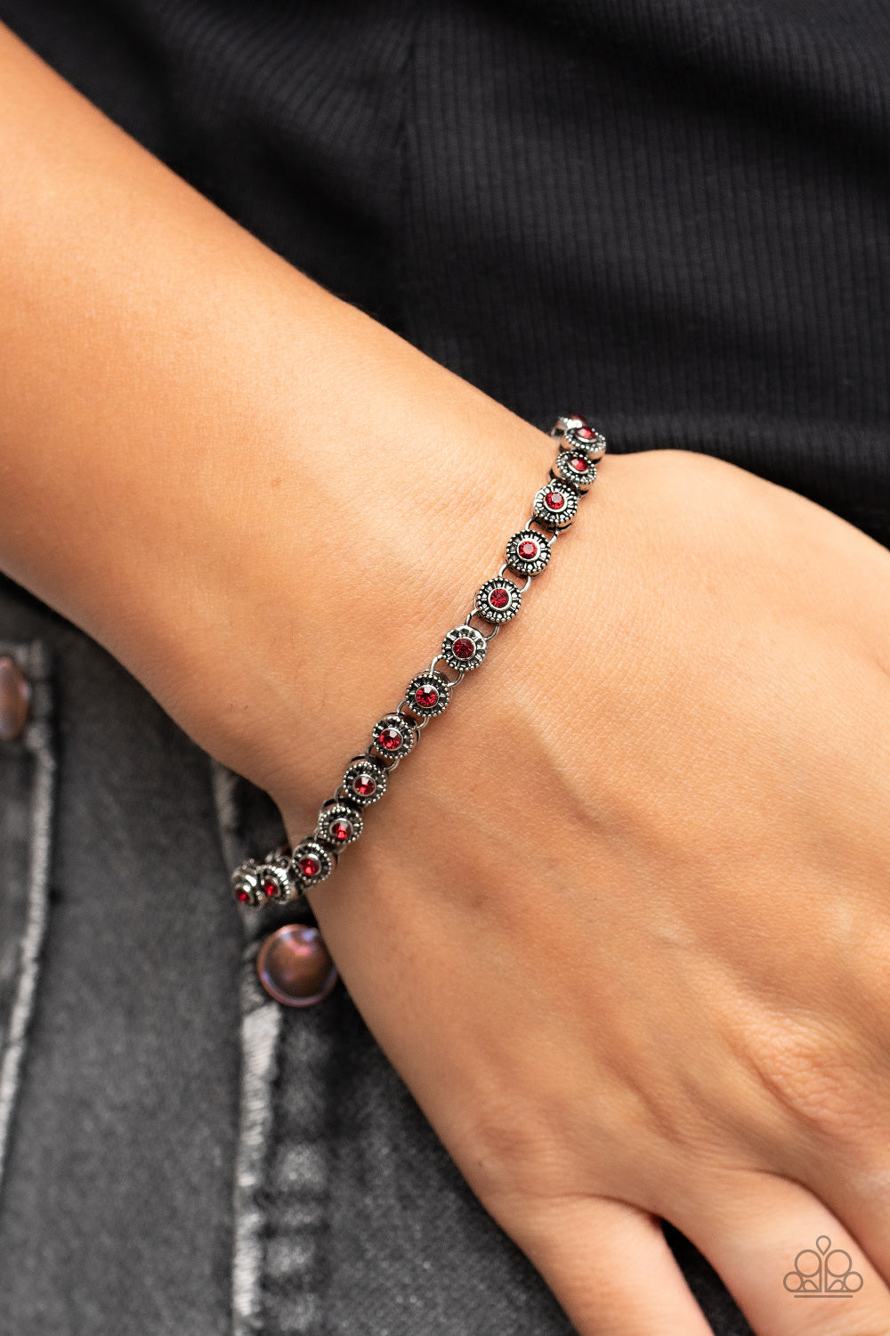 Charm School Shimmer - Red Rhinestones & Studded Silver Fitting Paparazzi Adjustable Bracelet