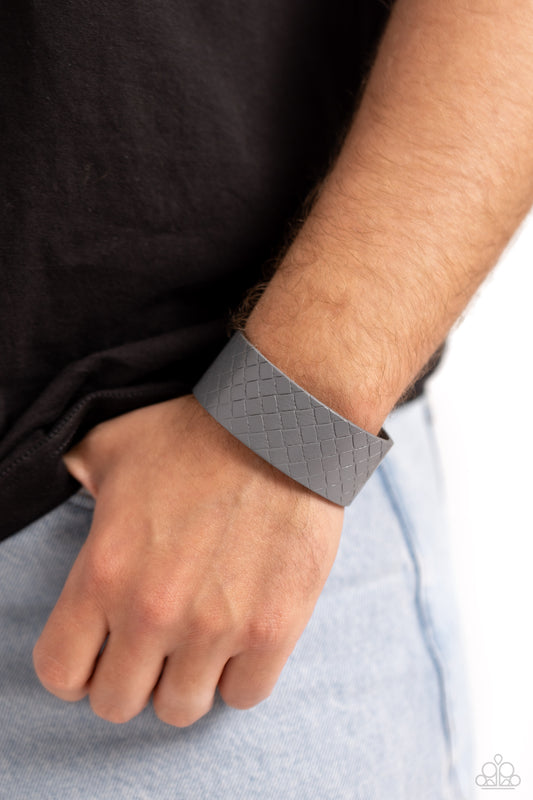 Diamondback Bandit - Silver/Gray Leather Stamped Diamond Pattern Paparazzi Snap Bracelet