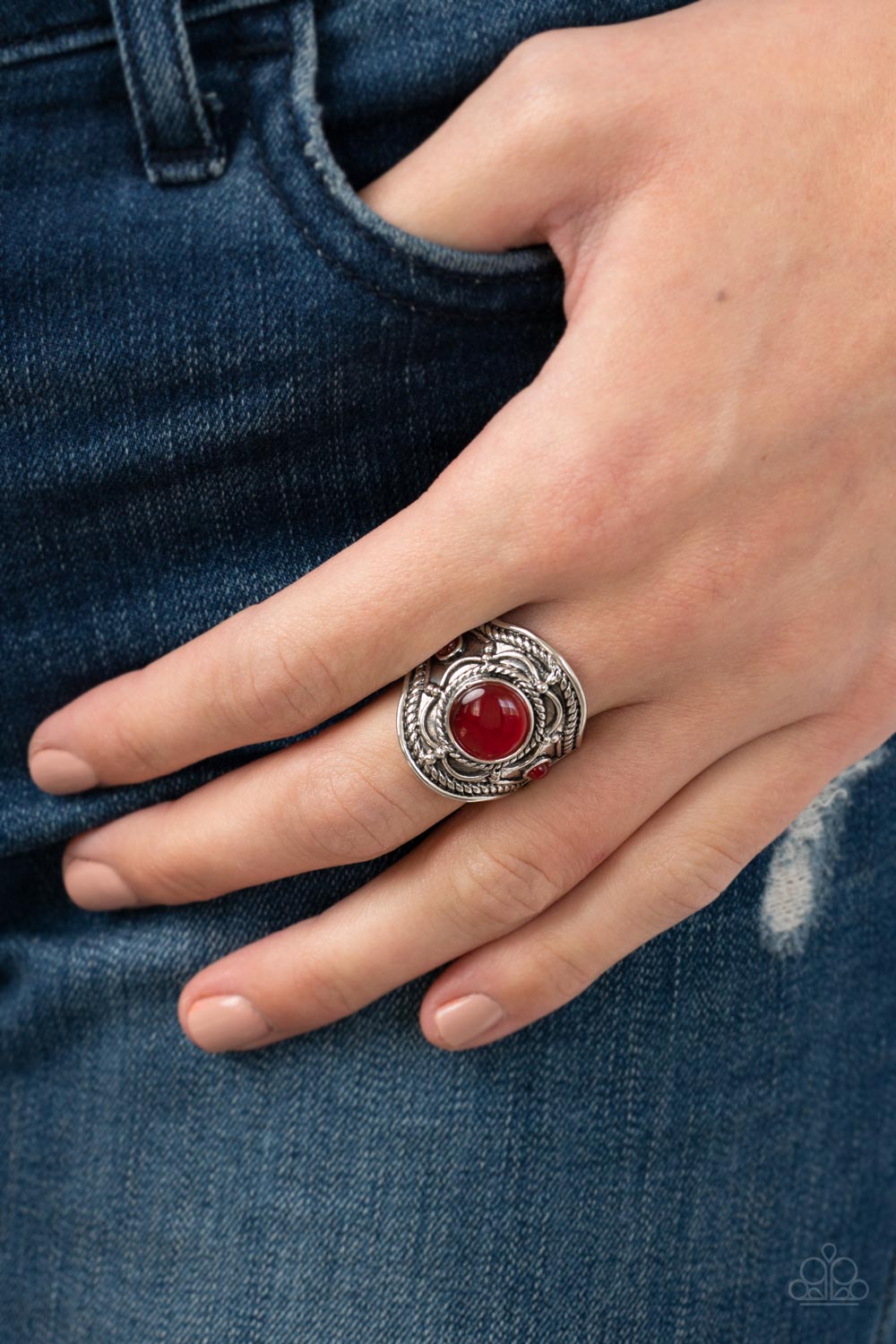 Exuberant Escapade - Red Cat's Eye & Textured Floral Motif Paparazzi Ring
