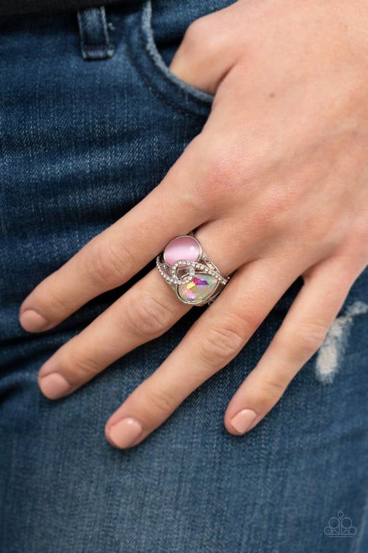 SELFIE-Indulgence - Pink Cat's Eye Stone, White Rhinestones, & Iridescent Teardrop Gem Paparazzi Ring