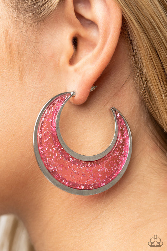Charismatically Curvy - Pink & Silver Shaving Paparazzi Half Moon Hoop Earrings