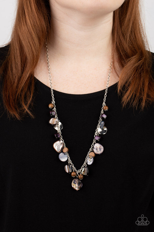 Caribbean Charisma - Purple Iridescent Shell-Like Rocks, Warped Silver Discs, & Brown Wooden Beaded Paparazzi Necklace & matching earrings
