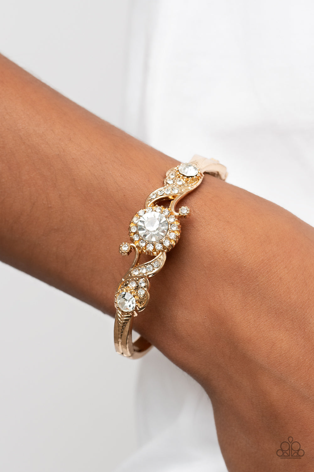 Expert Elegance - Gold Leafy & Floral Frame/White Rhinestone Paparazzi Hinge Bracelet