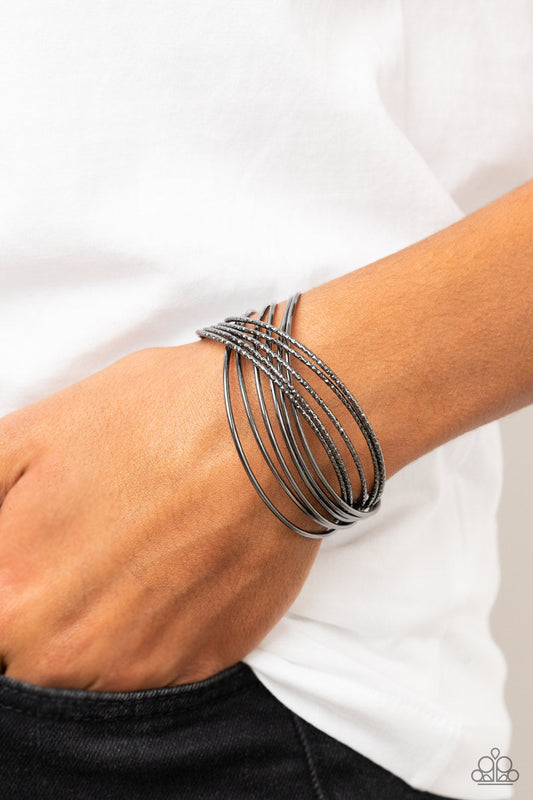 Industrialized Shimmer - Gunmetal Crisscrossed Bar Paparazzi Cuff Bracelet