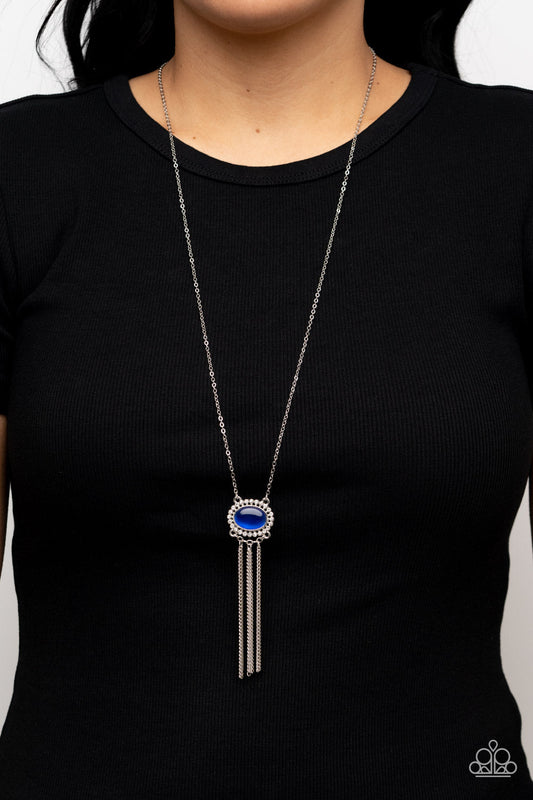 Happily Ever Ethereal - Blue Cat's Eye & Silver Chain Tassel Pendant Paparazzi Necklace & matching earrings