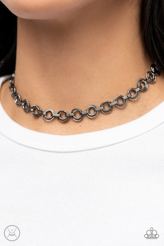 Grit and Grind - Gunmetal Textured Hoop Paparazzi Choker Necklace & matching earrings
