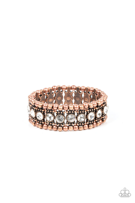 Ritzy Reboot - Copper Antiqued Studs & White Rhinestone Paparazzi Stretch Bracelet