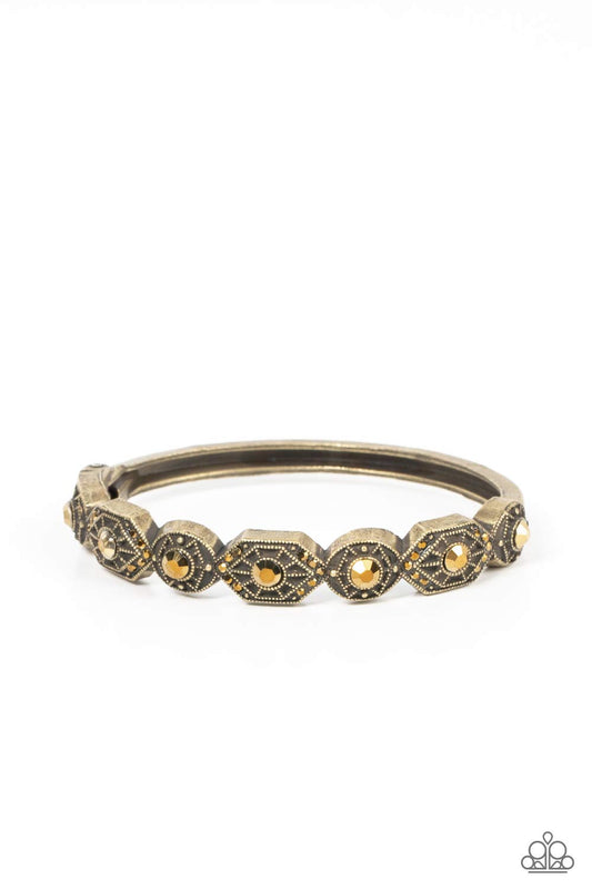 Eye-Opening Opulence - Brass Geometric Pattern Frame & Dainty Aurum Rhinestone Paparazzi Hinge Bracelet