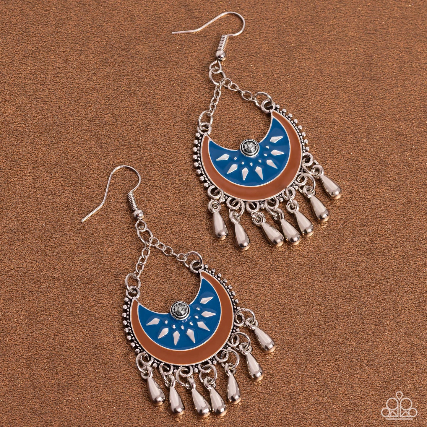 I Just Need CHIME - Blue/Brown Crescent Frame & Silver Teardrop Beaded Paparazzi Earrings