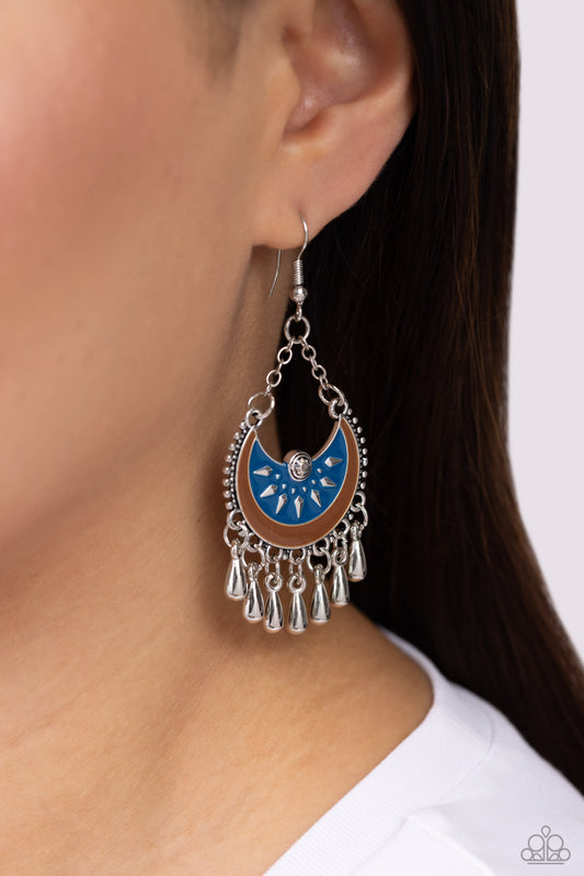 I Just Need CHIME - Blue/Brown Crescent Frame & Silver Teardrop Beaded Paparazzi Earrings