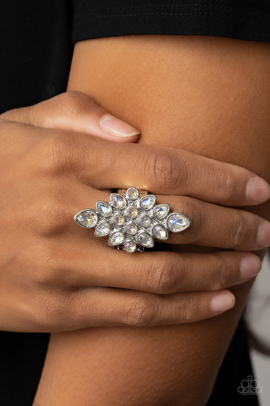 Combustible Iridescence - White Iridescent Rhinestones & Diamond Shaped Silver Frame Paparazzi Ring