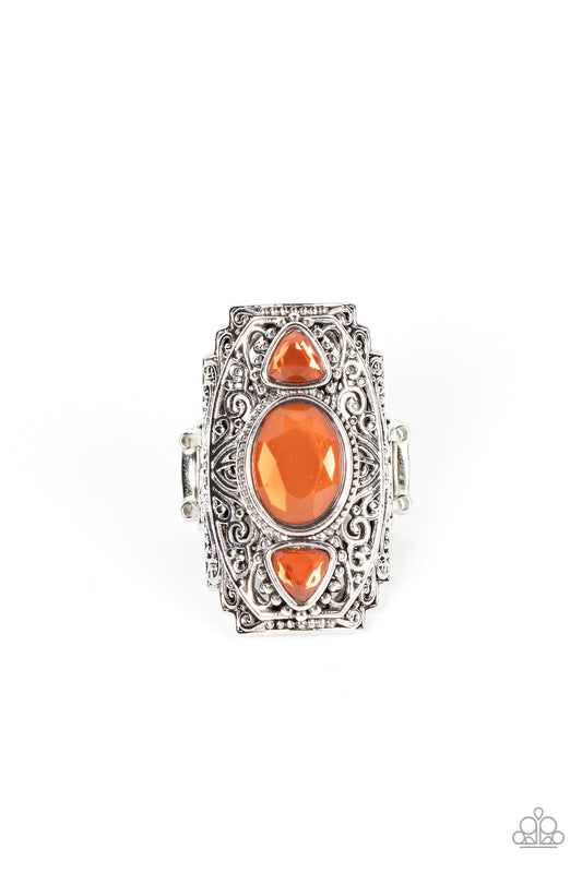 Castle Terrace - Orange Beads & Oversized Vine-Like Motif Silver Frame Paparazzi Ring