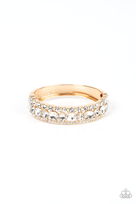 Mega Megawatt - Gold & White Rhinestone Paparazzi Hinge Bracelet