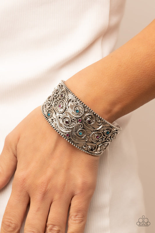 Billowy Beam - Multi Rhinestone & Swirly Silver Motif Paparazzi Cuff Bracelet