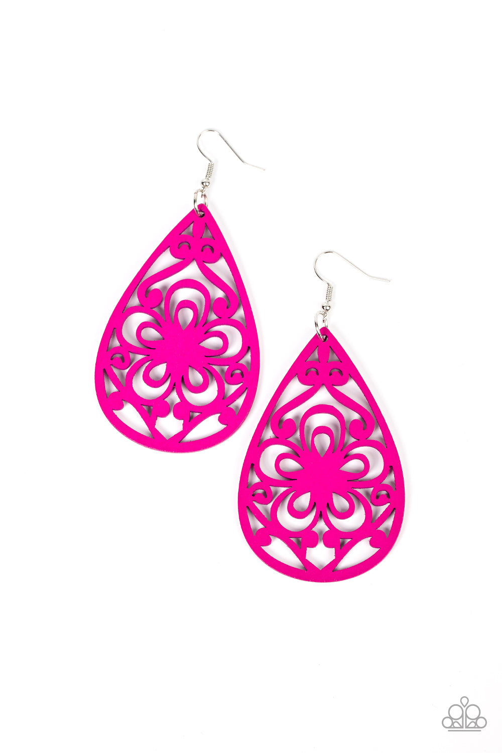 Marine Eden - Pink Overused Floral Design Wooden Teardrop Paparazzi Earrings