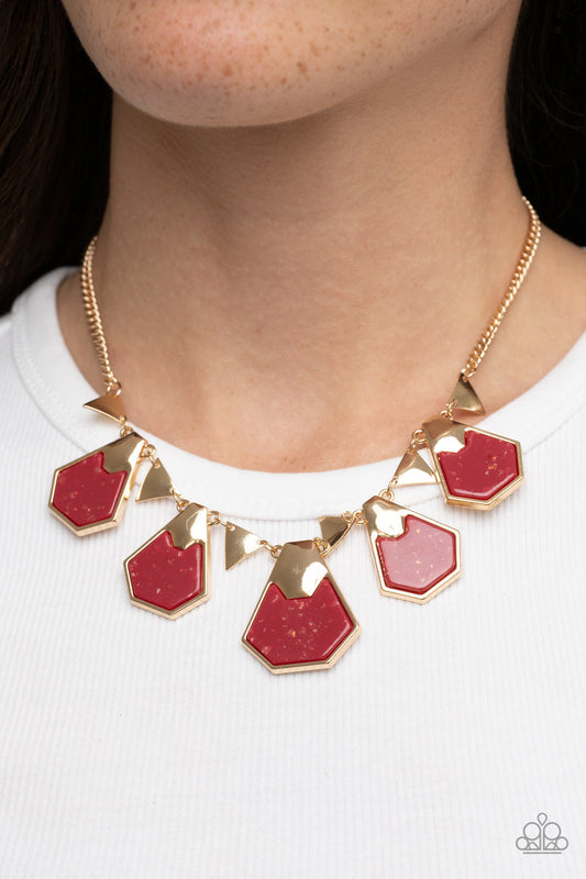 Extra Exclusive - Red Geometric Frames/Iridescent Shell-Like Accent Paparazzi Necklace & matching earrings