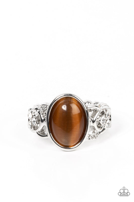Crystals and Cats Eye - Brown Oval Cat's Eye Stone & White Rhinestone Paparazzi Ring