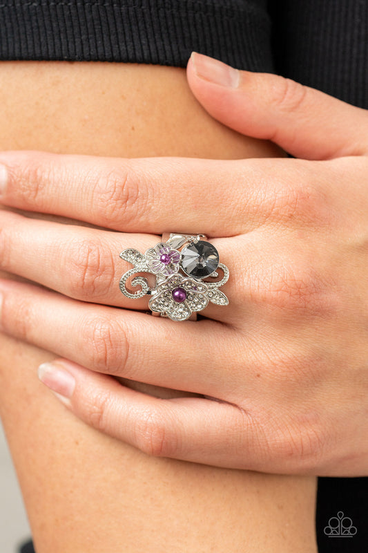 Bucketful of Bouquets - Purple Beaded Centers, Textured Silver Blossom, White Rhinestones & Smoky Gem Paparazzi Ring