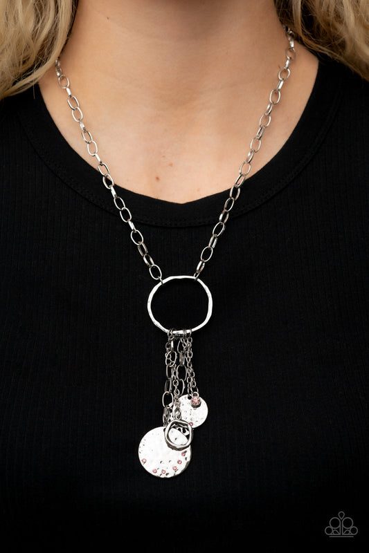 Trinket Twinkle - Pink Rhinestones/Hammered Discs/Silver Chain Pendant Paparazzi Necklace & matching earrings
