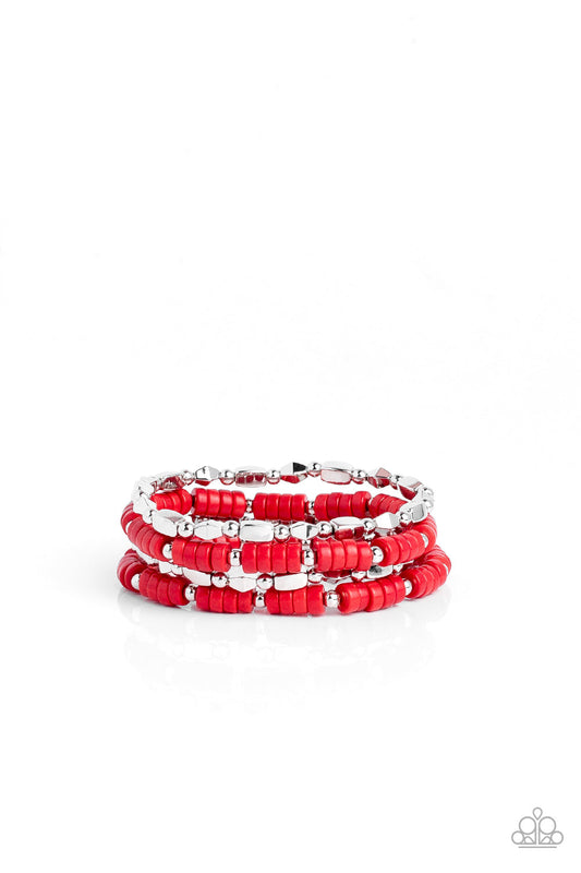 Anasazi Apothecary - Red Stone Discs, Dainty Silver Beads, & Faceted Silver Accent Set of 4 Paparazzi Stretch Bracelets