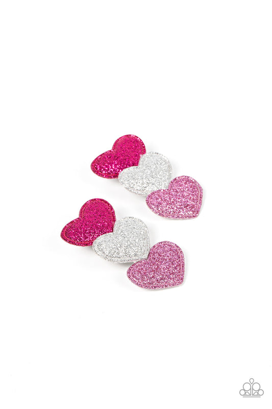 Love at First SPARKLE - Multi Pink & White Heart Paparazzi Set of 2 Hair Clips