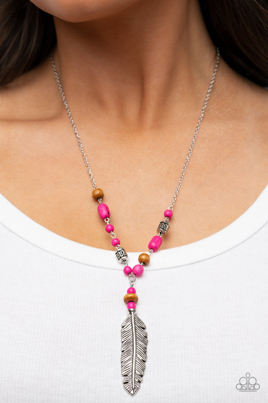Watch Me Fly - Pink Stones/Wooden Beads/Silver Feather Pendant Paparazzi Necklace & matching earrings
