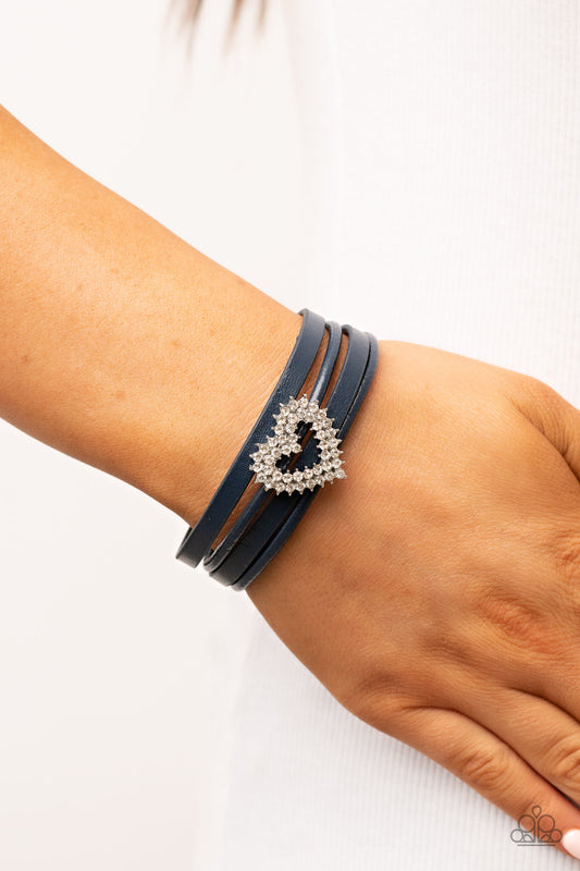Wildly in Love - Blue Leather/White Rhinestone Heart Paparazzi Magnetic Bracelet