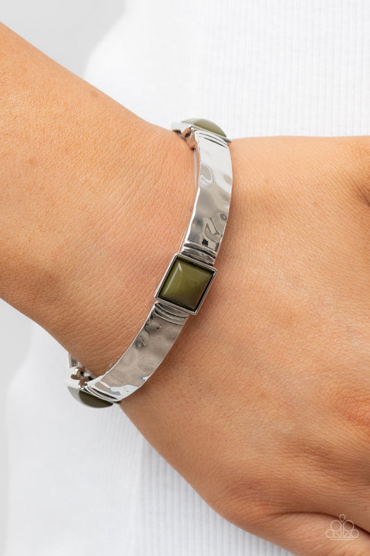 Totally Terraform - Green Beaded Accent & Hammered Silver Frame Paparazzi Stretch Bracelet