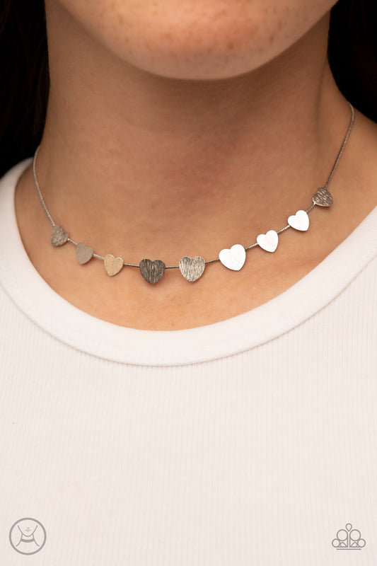 Dainty Desire - Silver Dainty Flat Heart Paparazzi CHOKER Necklace & matching earrings