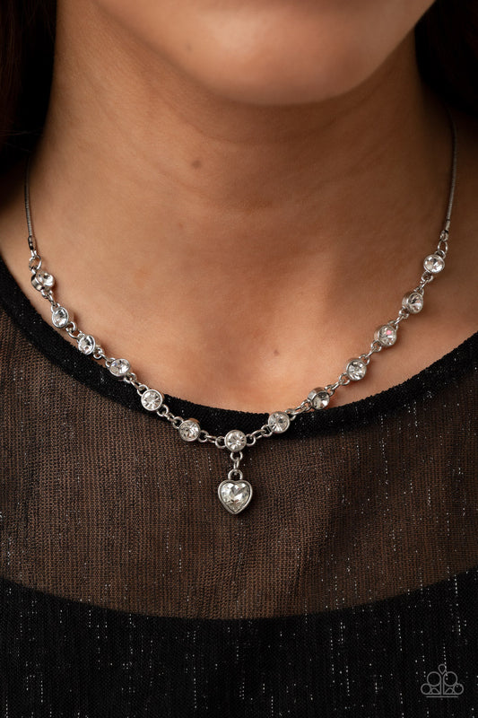 True Love Trinket - White Rhinestone Heart Charm Paparazzi Necklace & matching earrings