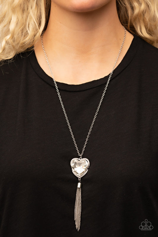 Finding My Forever - White Heart-Shaped Gem & Silver Chain Tassel Pendant Paparazzi Necklace & matching earrings