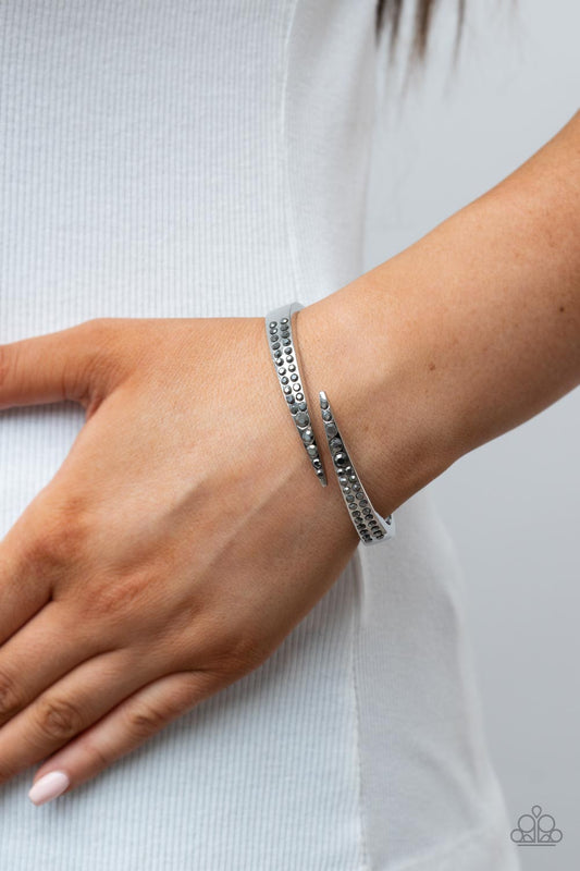 Sideswiping Shimmer - Silver Double Bar & Hematite Rhinestone Paparazzi Hinge Bracelet