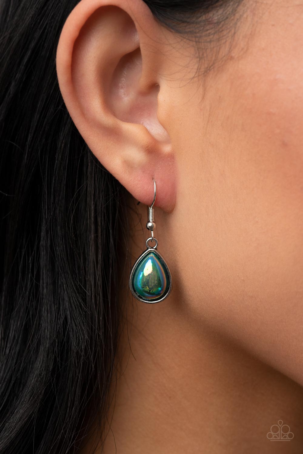 Magical Masquerade - Green Iridescent Teardrop Bead/Oversized Silver Pendant Paparazzi Necklace & matching earrings
