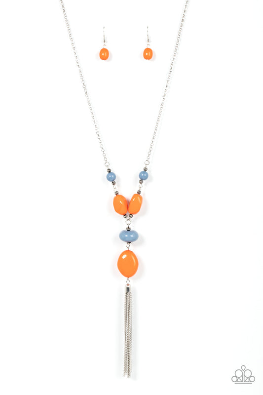 Heavenly Harmony - Multi Blue & Orange Asymmetrical Beads/Silver Chain Pendant Paparazzi Necklace & matching earrings