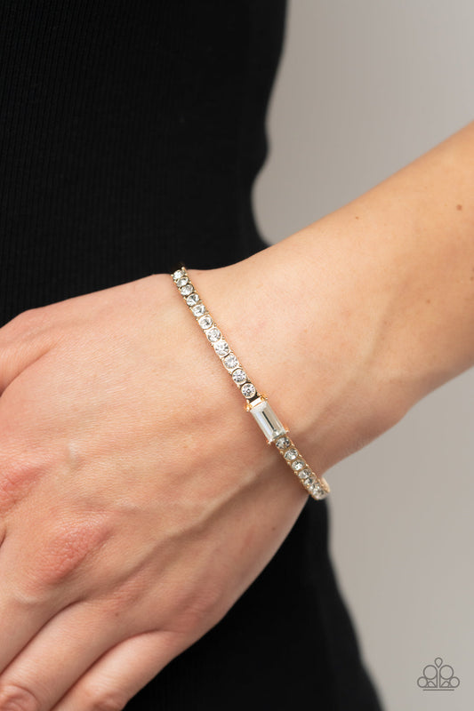Party Crashing Couture - Gold & White Rhinestone Paparazzi Bangle Bracelet