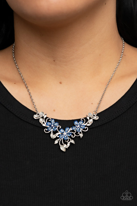 Floral Fashion Show - Blue Rhinestone Flowers/Leafy Marquise Cut Rhinestone Paparazzi Necklace & matching earrings