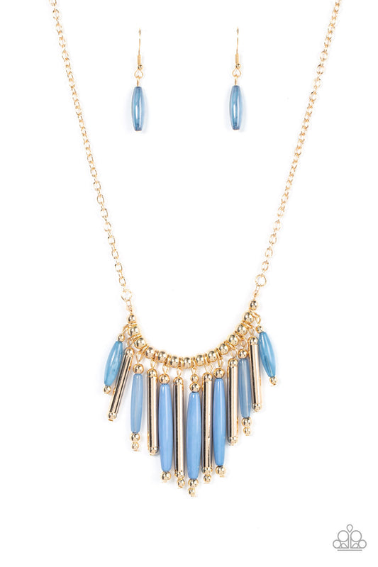 Bohemian Breeze - Blue Cylindrical & Gold Beaded Fringe Paparazzi Necklace & matching earrings