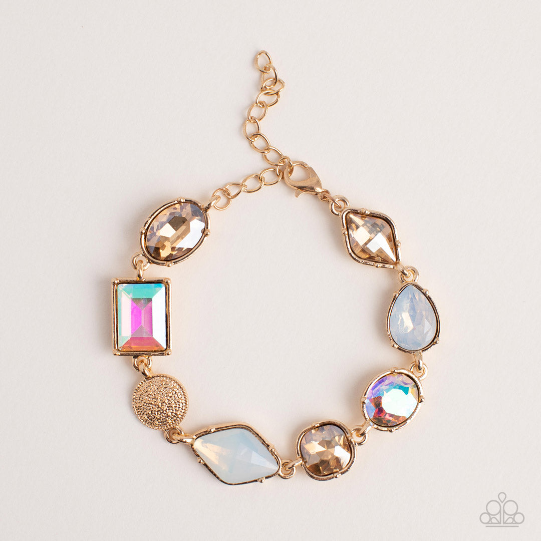 Jewelry Box Bauble - Gold Fittings & Gold/Iridescent/Opal Rhinestone Paparazzi Adjustable Bracelet