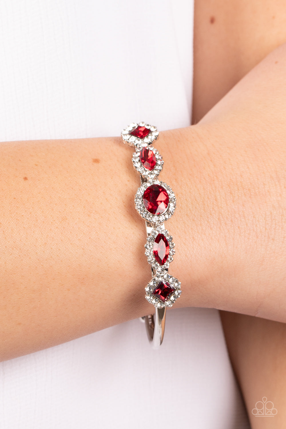 Simmer on GLOW - Red Gems & White Rhinestone Paparazzi Cuff Bracelet