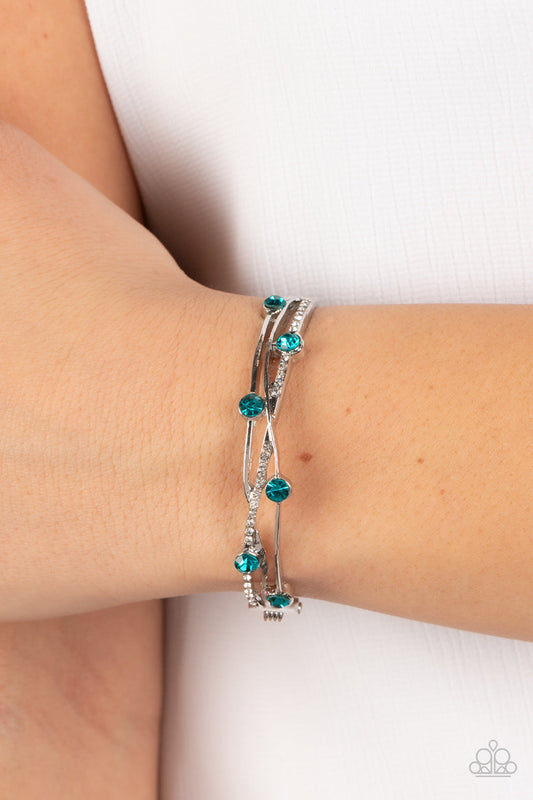 Slammin Sparkle - Blue & White Rhinestones/Silver Ribbons Paparazzi Hinge Bracelet