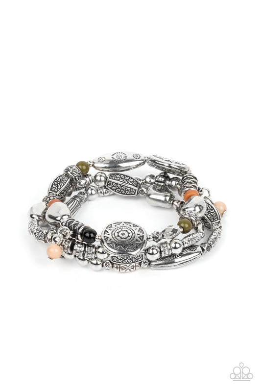 Western Quest - Multi Color, Silver Textured & Embossed Beaded Set of 3 Paparazzi Stretch Bracelets