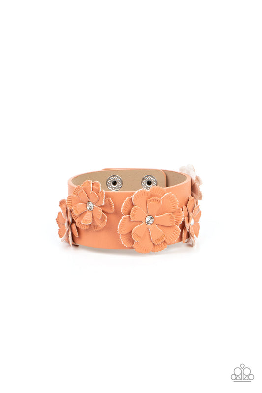 What Do You Pro-POSIES - Orange Leather Petals & White Rhinestone Center Paparazzi Snap Bracelet